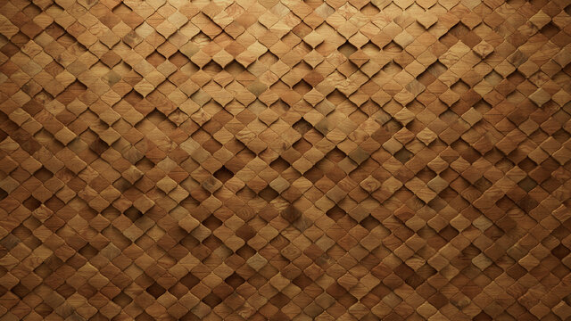 Wood Block Wall background. Mosaic Wallpaper with Light and Dark Timber Arabesque tile pattern. 3D Render 