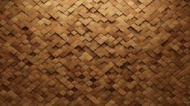 Wood Block Wall background. Mosaic Wallpaper with Light and Dark Timber Arabesque tile pattern. 3D Render 