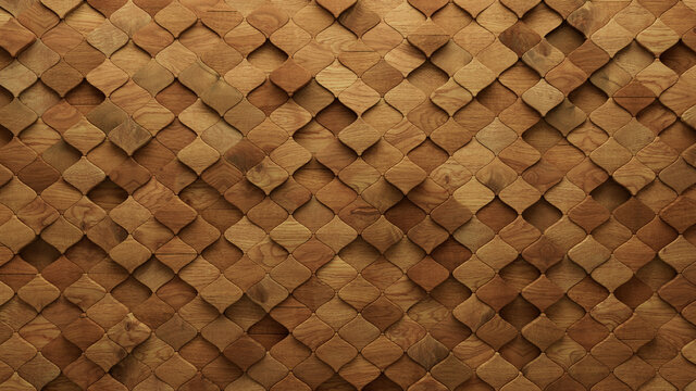 Wood Block Wall background. Mosaic Wallpaper with Light and Dark Timber Arabesque tile pattern. 3D Render 