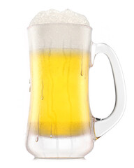 Frosty glass of fresh light beer with bubble froth isolated on white background.