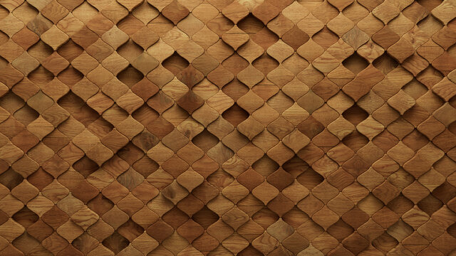Wood Block Wall background. Mosaic Wallpaper with Light and Dark Timber Arabesque tile pattern. 3D Render 