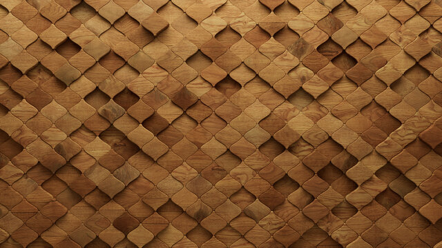 Wood Block Wall background. Mosaic Wallpaper with Light and Dark Timber Arabesque tile pattern. 3D Render 