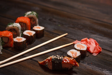 sushi set rolls chopsticks food ration wasabi delicacy