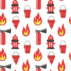 Firefighter seamless pattern. Fire hydrant and hose. Hand drawn cartoon scandinavian childish doodle collection. Decor textile wrapping paper wallpaper vector print or fabric