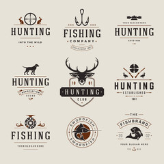 Set of hunting and fishing labels, badges, logos vector design elements vintage style.