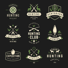 Set of hunting and fishing labels, badges, logos vector design elements vintage style.