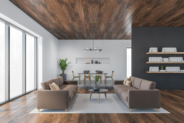 Brown and wooden living room with sofa and coffee table, shelf with book