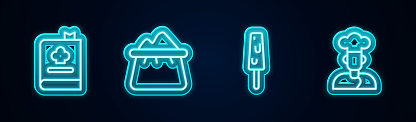 Set line Cookbook, Bag of flour, Ice cream and . Glowing neon icon. Vector.