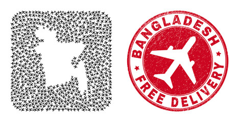 Vector mosaic Bangladesh map of air force items and grunge Free Delivery seal. Mosaic geographic Bangladesh map designed as stencil from rounded square using flying away aviation items.