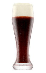 Frosty glass of fresh stout beer with bubble froth isolated on white background.