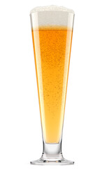 Frosty glass of fresh light beer with bubble froth isolated on white background.
