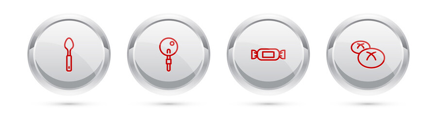 Set line Spoon, Lollipop, Candy and Bread loaf. Silver circle button. Vector.