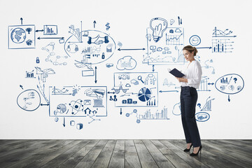 Woman manager standing near business strategy plan on concrete wall, doodle sketch set in office room with wooden floor. Business finance chart graph, success achieving