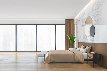 Wooden beige bedroom with bed on parquet floor, window with curtains