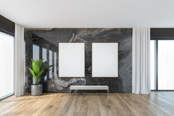 Mockup frames in wooden and black marble living room with bench on parquet floor