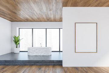 Mockup frame in wooden bathroom with bathtub near window and plant