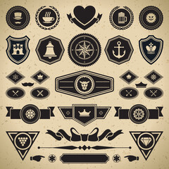 Vintage logos on faded paper vector stickers. Retro castle on coat arms with queen crown and anchor.