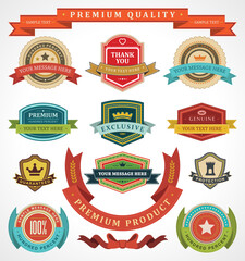 Exclusive logos and vector stamps. Blue premium labels red decorative ribbons with ornament wheat spikelets.