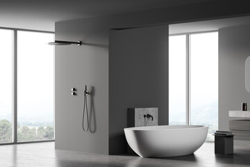 Fototapeta na wymiar Wooden grey bathroom with white bathtub and shower near window