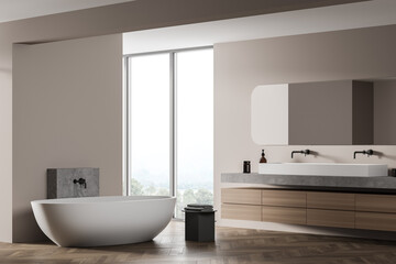 Fototapeta na wymiar Light wooden and parquet bathroom with bathtub, sinks and mirror