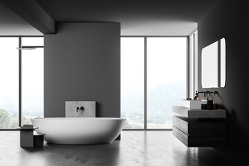 Fototapeta na wymiar Dark wooden and marble bathroom with bathtub, sinks and mirror