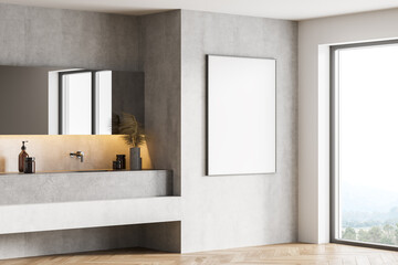 Mockup frame in light wooden bathroom with sinks and mirror, parquet floor