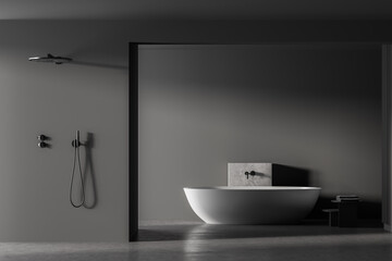 Fototapeta na wymiar Wooden grey bathroom with white bathtub on marble floor and shower