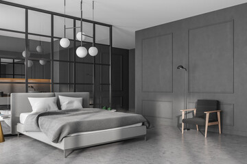 Naklejka na ściany i meble Grey living room with bed and linens, armchair on marble floor