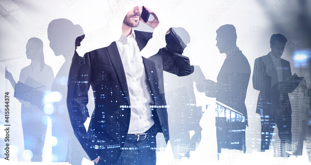 Poster silhouettes of business people working and rushing in office space, new york city panorama. ceo on f