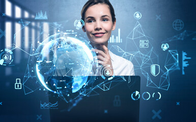 Young businesswoman smiling, double exposure earth hud hologram and office