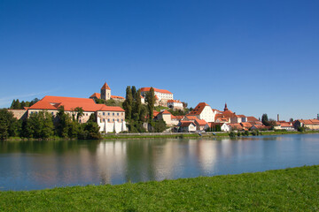 Obraz premium Ptuj panorama at the river with very blue sky Slovenia