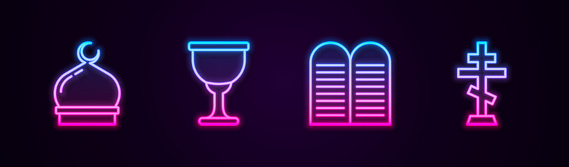 Set line Muslim Mosque, Holy grail or chalice, The commandments and Christian cross. Glowing neon icon. Vector.