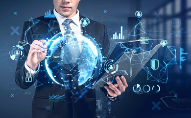 Young businessman with clipboard and pen, double exposure with earth globe hologram