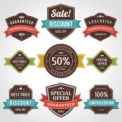 Colored discounts and vintage clearance sale vector labels. Blue stickers faded old paper in red ribbon ornament.