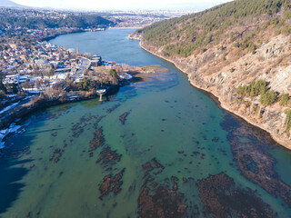 Fototapeta premium Aerial winter view of Pancharevo lake, Bulgaria