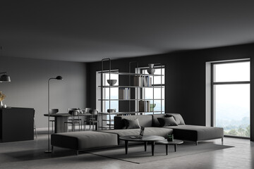 Modern white and grey living room and kitchen corner