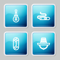 Set line Mexican guitar, Cigar, Burrito and sombrero icon. Vector.