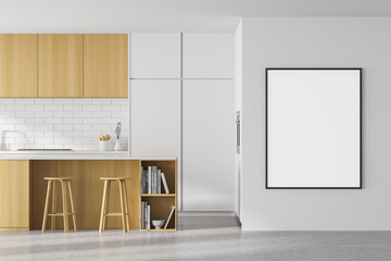 Mockup frame in white and wooden kitchen room with table and chairs, marble floor