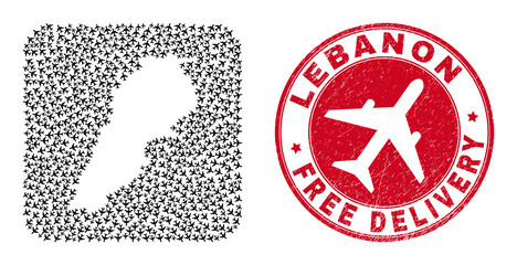 Vector mosaic Lebanon map of airplane items and grunge Free Delivery seal. Collage geographic Lebanon map created as carved shape from rounded square shape with moving out airplanes.