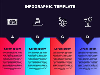 Set line Mexican carpet, sombrero, Cactus and Margarita cocktail. Business infographic template. Vector.