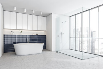 White and blue bathroom with white bathtub and glass shower near window
