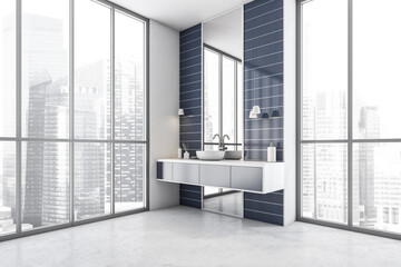 White and blue bathroom with one sink and mirror near window