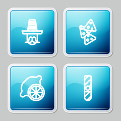 Set line Mexican man sombrero, Nachos, Lemon and Cigar icon. Vector.