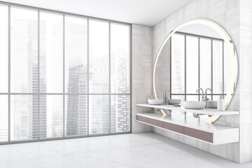 White bathroom with windows and two sinks