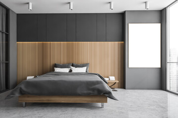 Fototapeta na wymiar Mockup frame bed and linens in grey and wooden bedroom with wardrobe