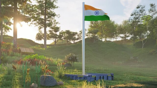 Indian Flag beside a scenic lake and sunset landscape 3d render
