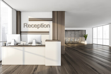 Wooden reception room with desk and computers near window