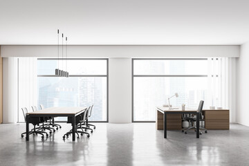 Modern office interior. Conference table. CEO desk. City view, panoramic window.