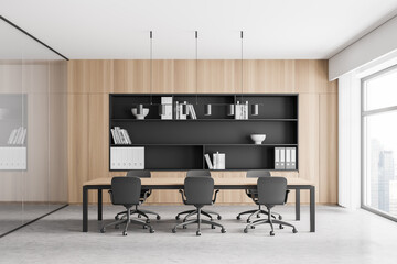 Modern office interior. Conference table. City view, panoramic window.