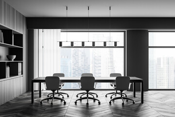 Modern office interior. Conference table. City view, panoramic window. Meeting room.